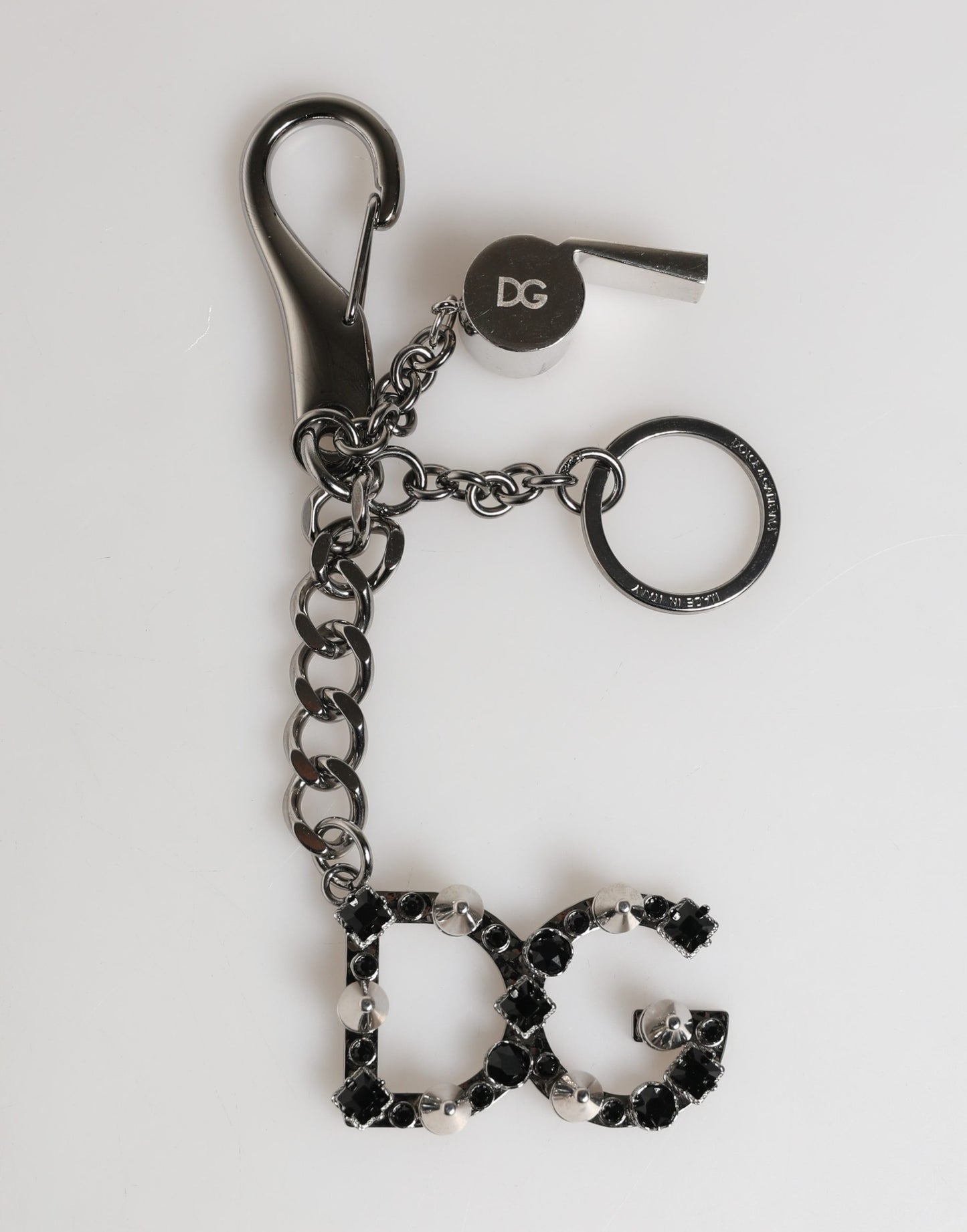 Dolce & Gabbana Silver Brass Metal DG Logo Crystal Ring Keyring Keychain Curated Luxury Accessories by Orvyn
