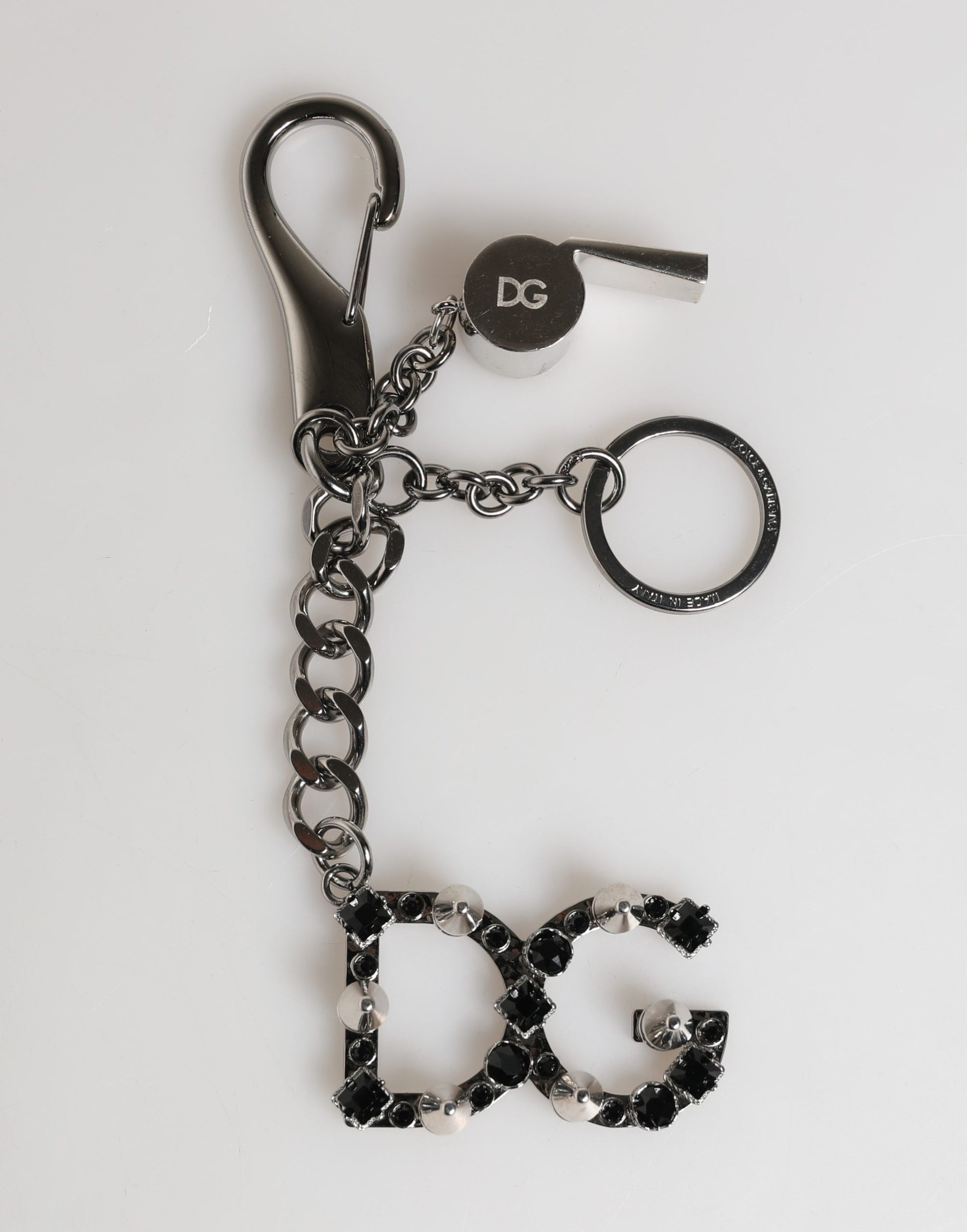 Dolce & Gabbana Silver Brass Metal DG Logo Crystal Ring Keyring Keychain Curated Luxury Accessories by Orvyn
