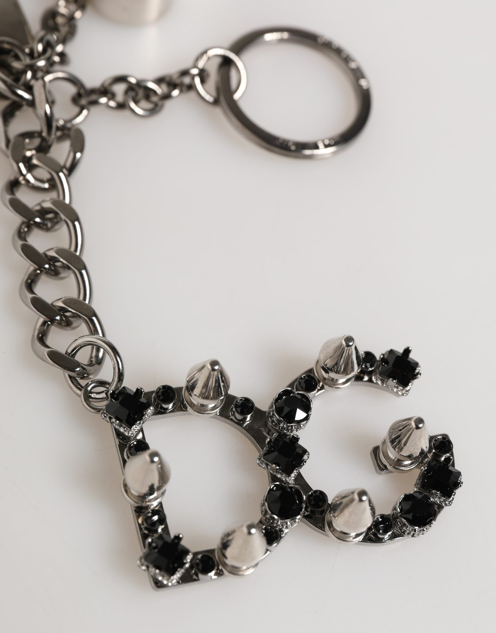 Dolce & Gabbana Silver Brass Metal DG Logo Crystal Ring Keyring Keychain Curated Luxury Accessories by Orvyn