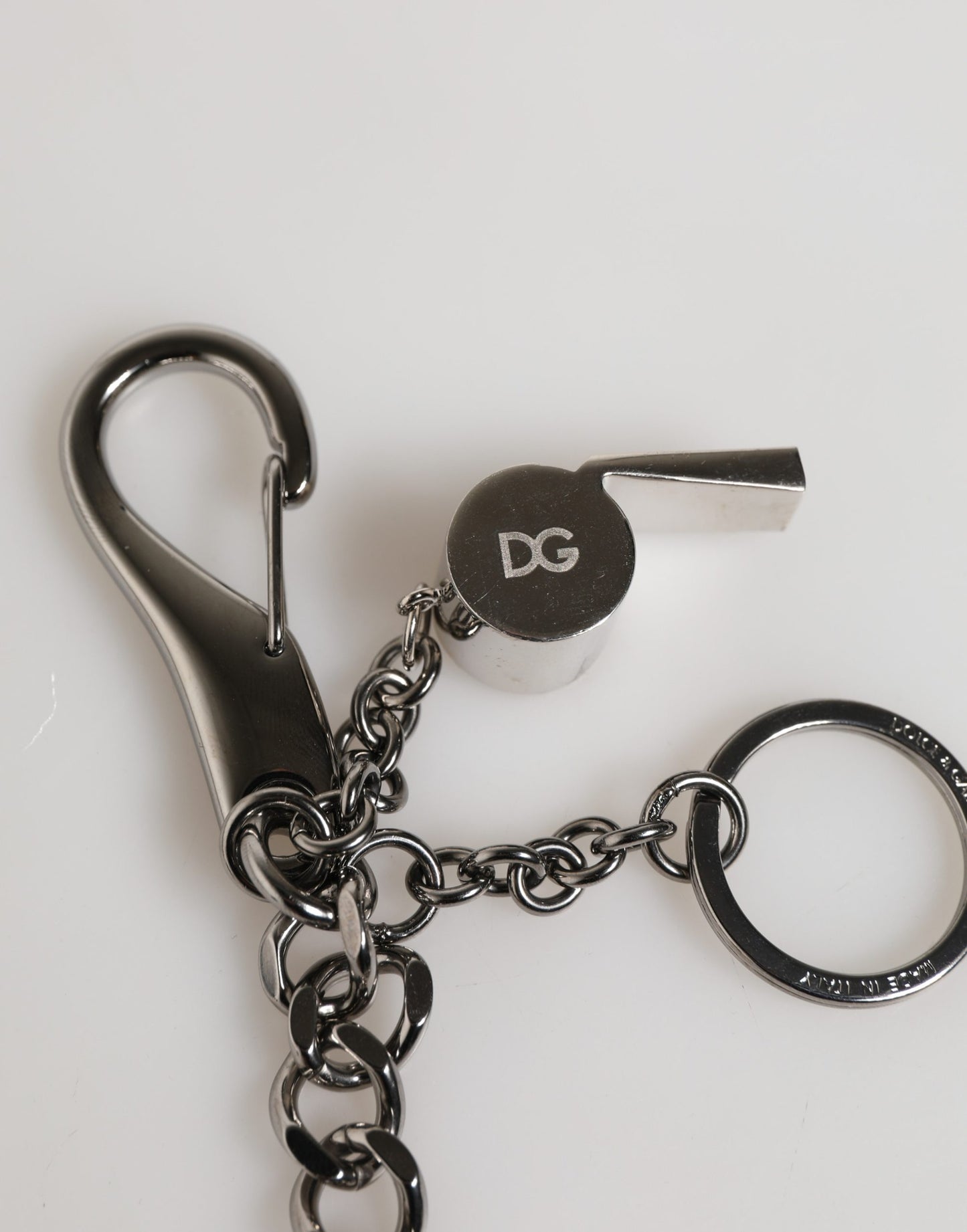 Dolce & Gabbana Silver Brass Metal DG Logo Crystal Ring Keyring Keychain Curated Luxury Accessories by Orvyn