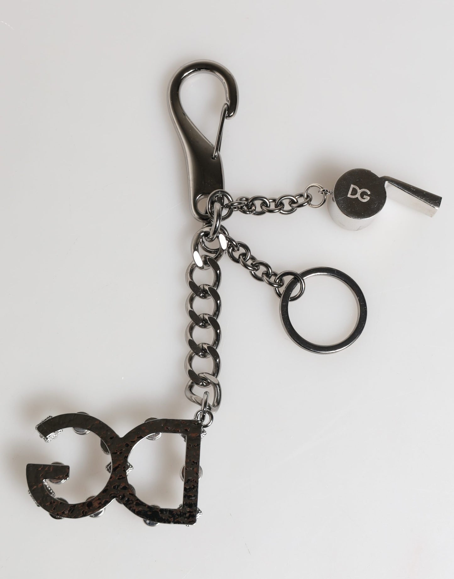 Dolce & Gabbana Silver Brass Metal DG Logo Crystal Ring Keyring Keychain Curated Luxury Accessories by Orvyn