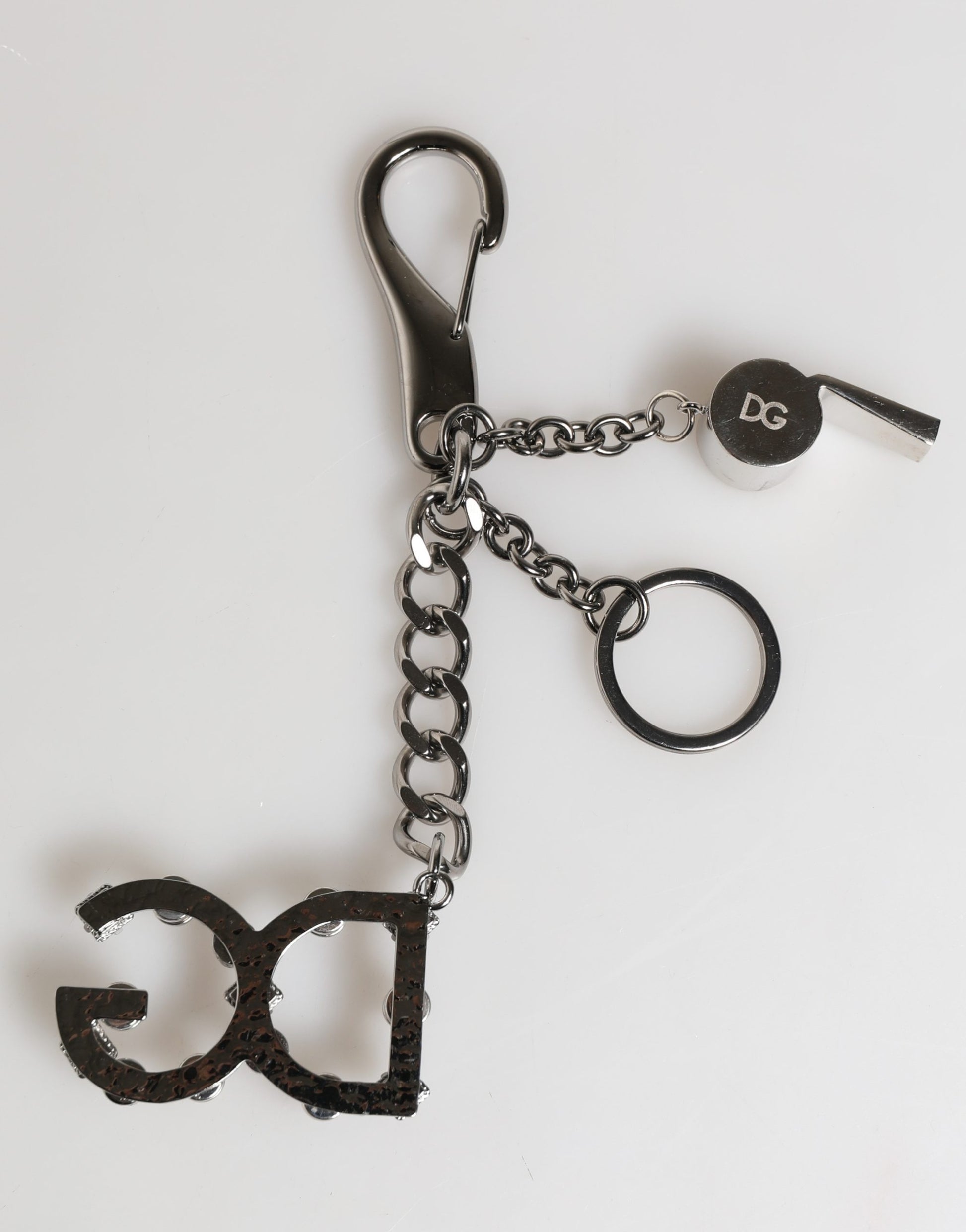Dolce & Gabbana Silver Brass Metal DG Logo Crystal Ring Keyring Keychain Curated Luxury Accessories by Orvyn