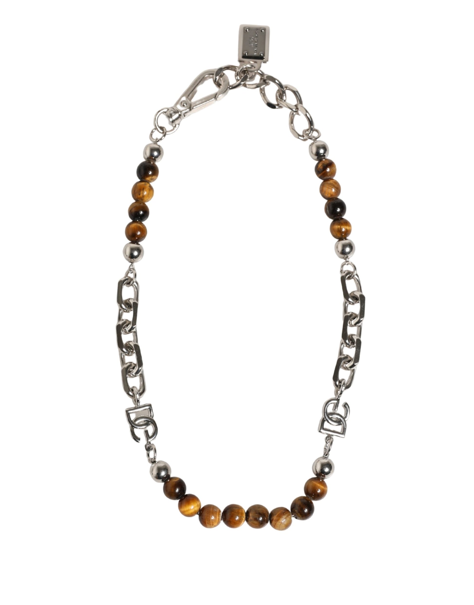 Dolce & Gabbana Silver Tone Brass Chain Beaded Gem DG Logo Bracelet Curated Luxury Accessories by Orvyn