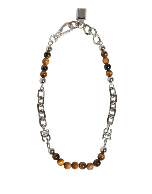 Dolce & Gabbana Silver Tone Brass Chain Beaded Gem DG Logo Bracelet Curated Luxury Accessories by Orvyn