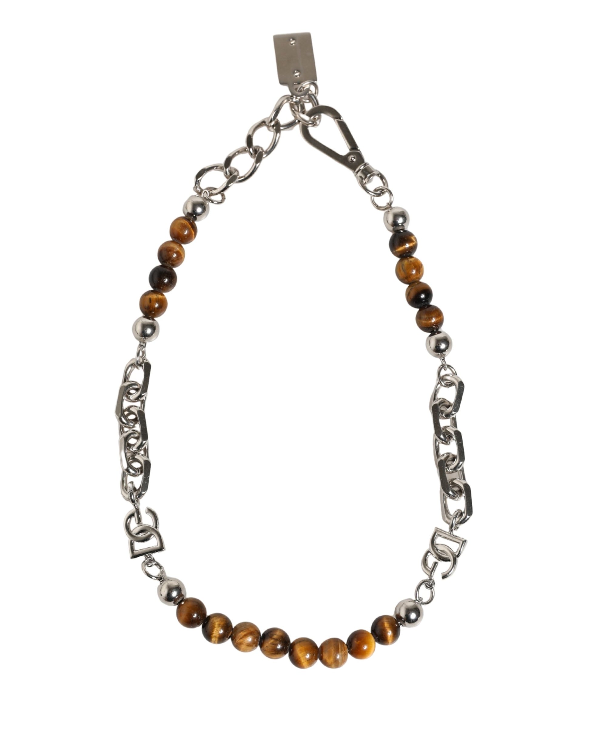 Dolce & Gabbana Silver Tone Brass Chain Beaded Gem DG Logo Bracelet Curated Luxury Accessories by Orvyn