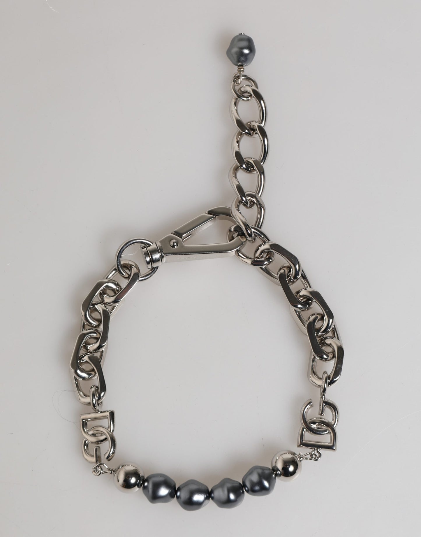 Dolce & Gabbana Silver Tone Chain Lobster Clasp Logo Gray Pearls Bracelet Curated Luxury Accessories by Orvyn