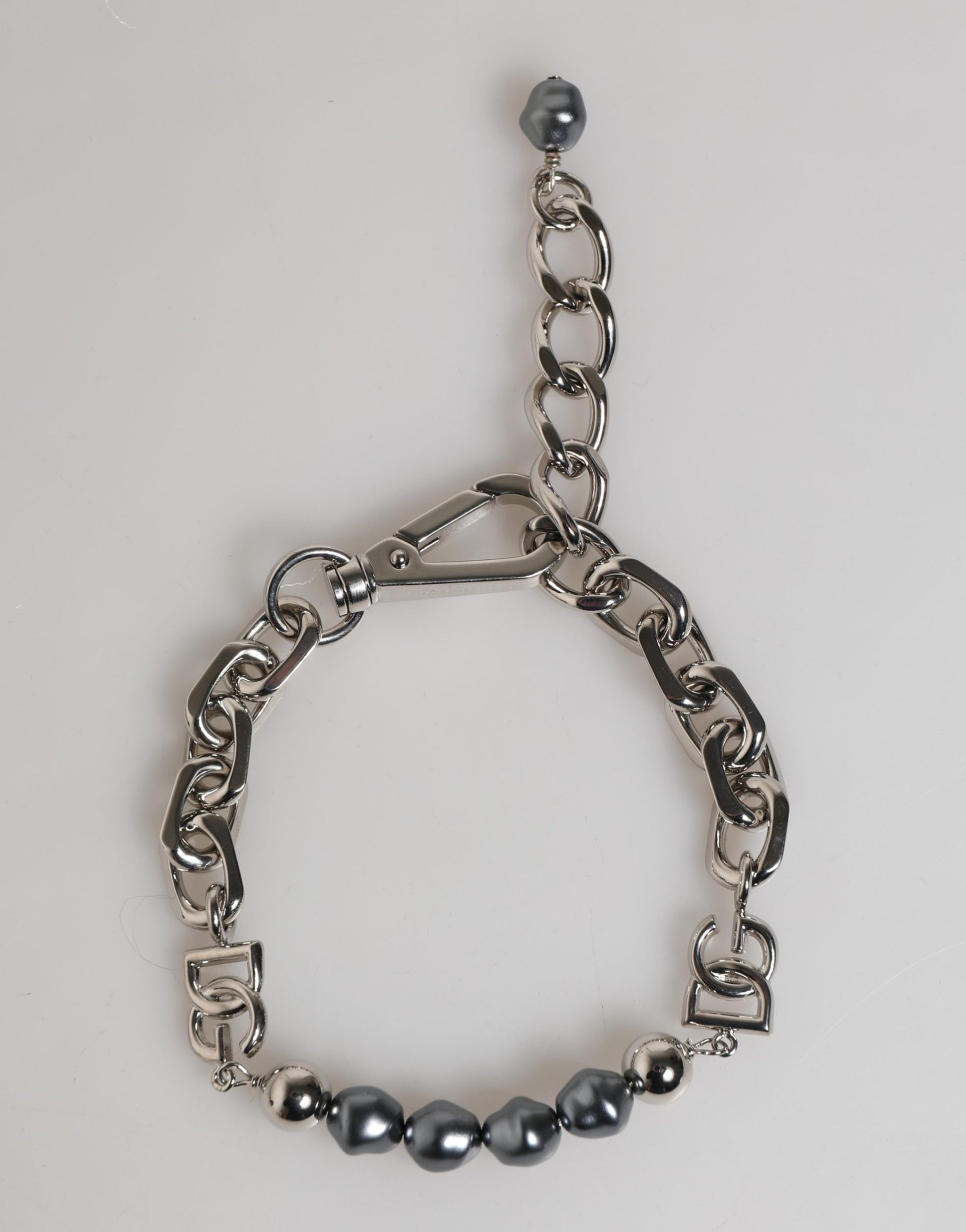 Dolce & Gabbana Silver Tone Chain Lobster Clasp Logo Gray Pearls Bracelet Curated Luxury Accessories by Orvyn