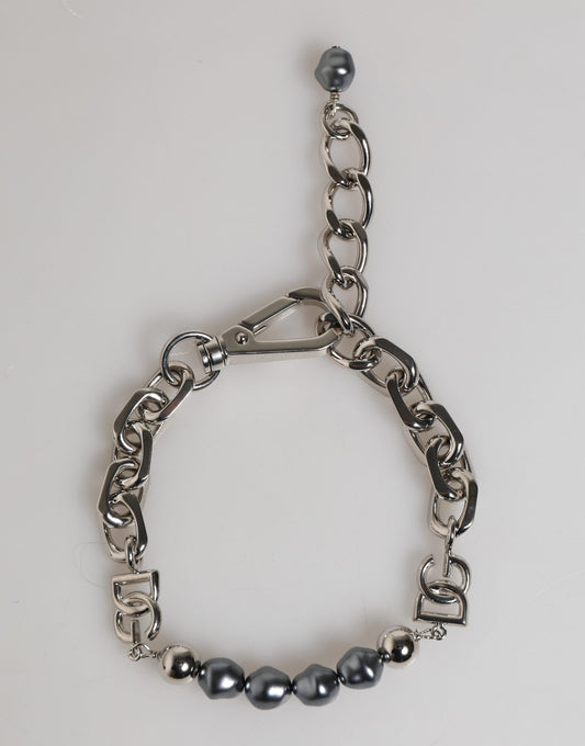 Dolce & Gabbana Silver Tone Chain Lobster Clasp Logo Gray Pearls Bracelet Curated Luxury Accessories by Orvyn