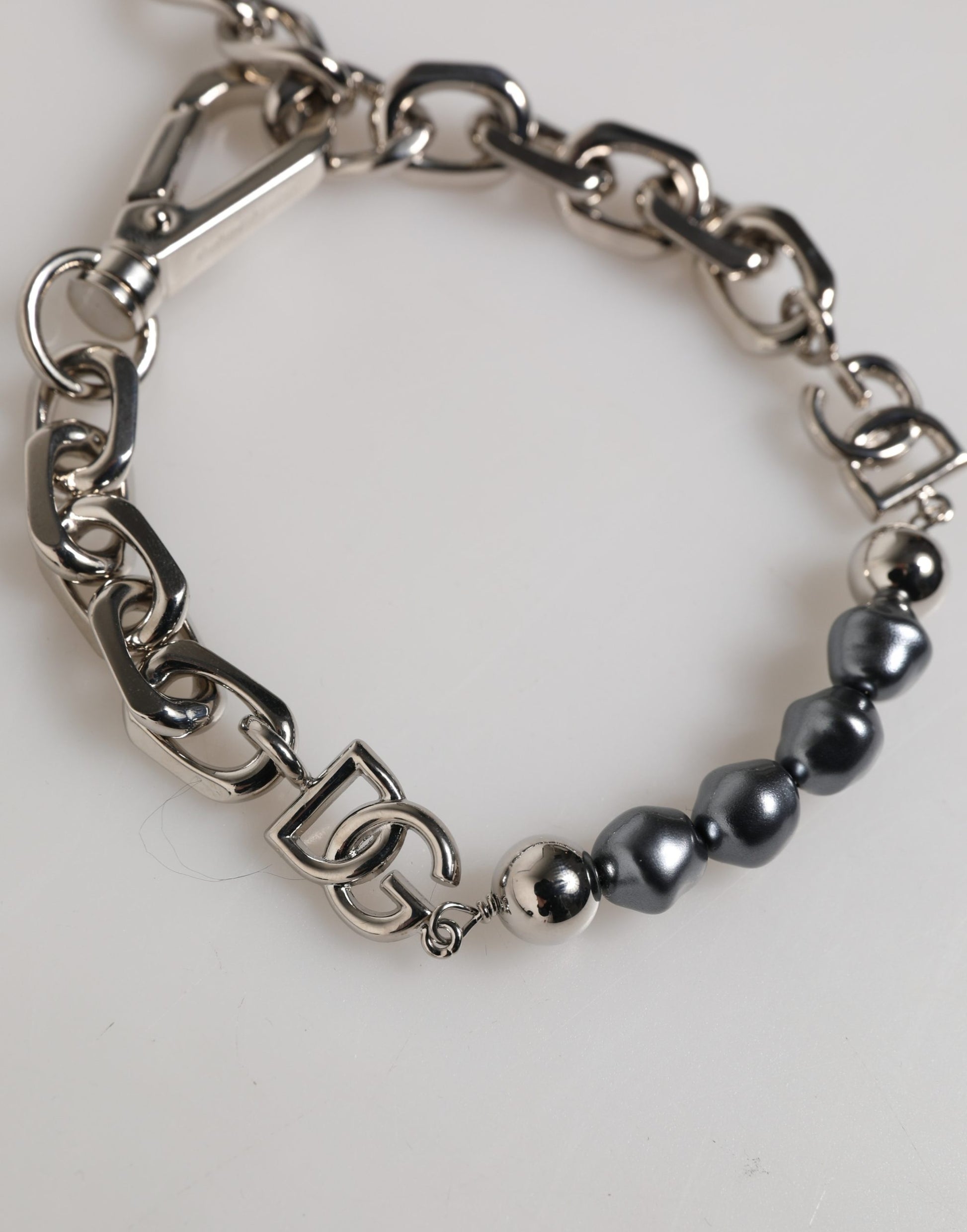 Dolce & Gabbana Silver Tone Chain Lobster Clasp Logo Gray Pearls Bracelet Curated Luxury Accessories by Orvyn