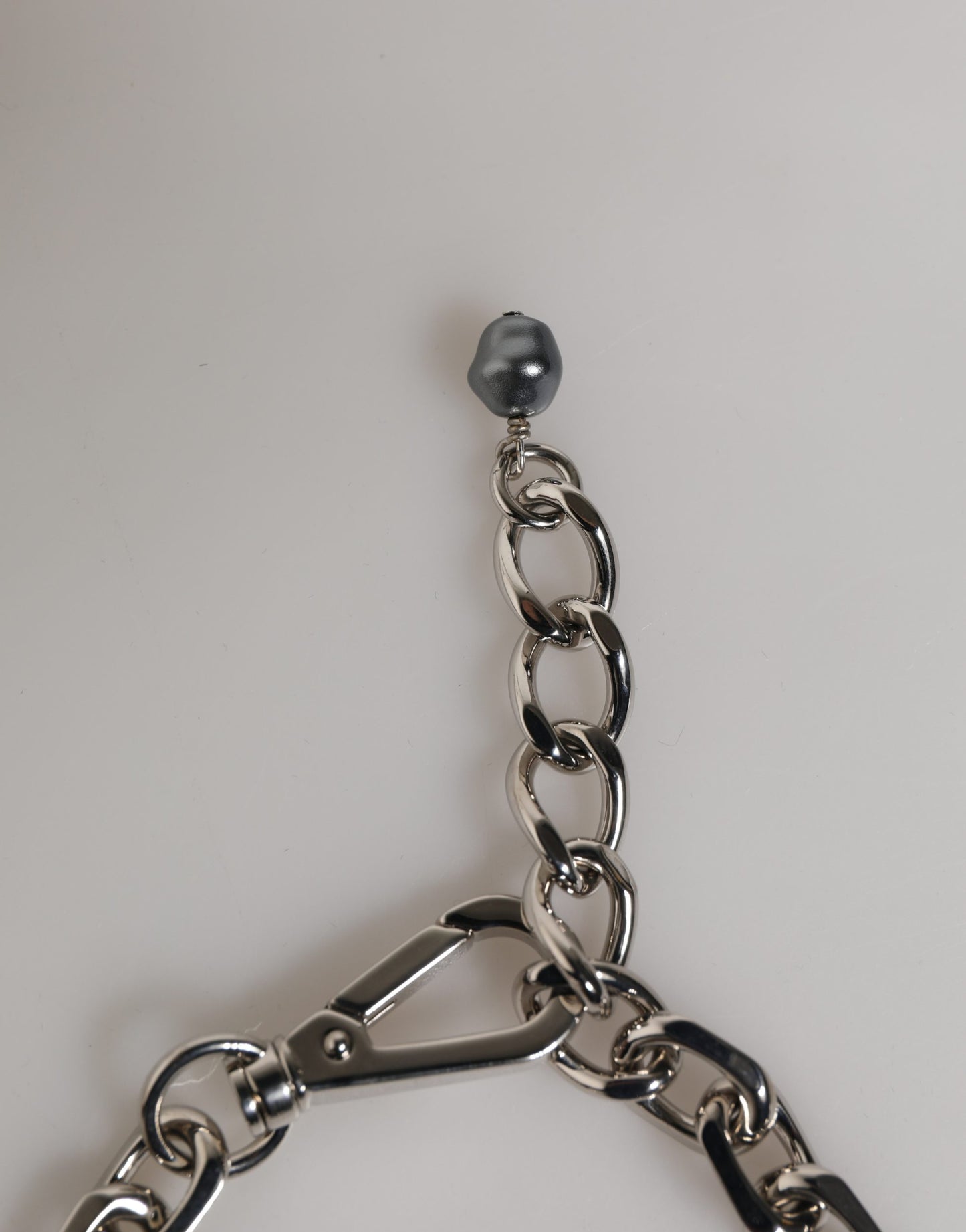Dolce & Gabbana Silver Tone Chain Lobster Clasp Logo Gray Pearls Bracelet Curated Luxury Accessories by Orvyn