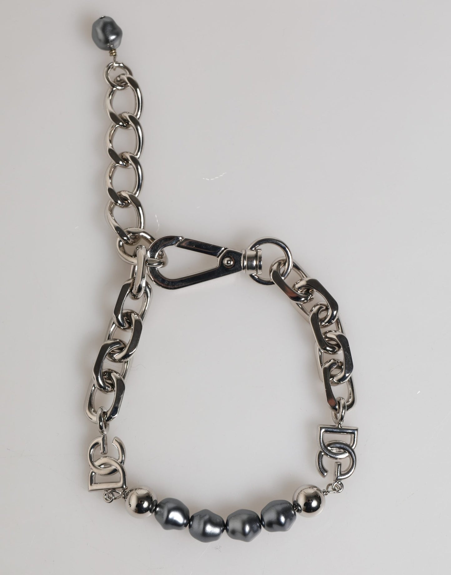 Dolce & Gabbana Silver Tone Chain Lobster Clasp Logo Gray Pearls Bracelet Curated Luxury Accessories by Orvyn