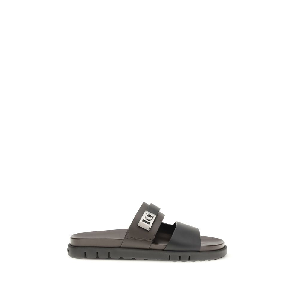 Ferragamo Black Calf Leather Bos Taurus Flat Sandals Curated Luxury Accessories by Orvyn