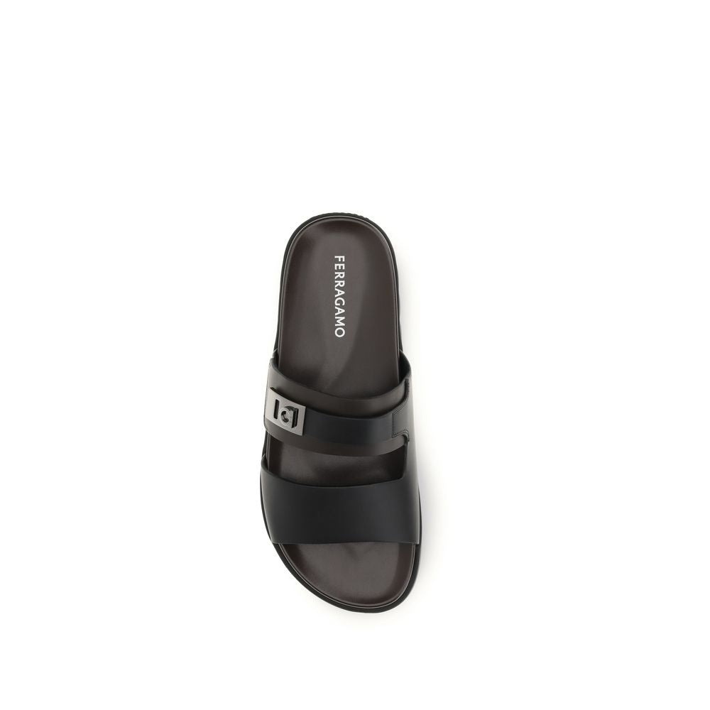 Ferragamo Black Calf Leather Bos Taurus Flat Sandals Curated Luxury Accessories by Orvyn