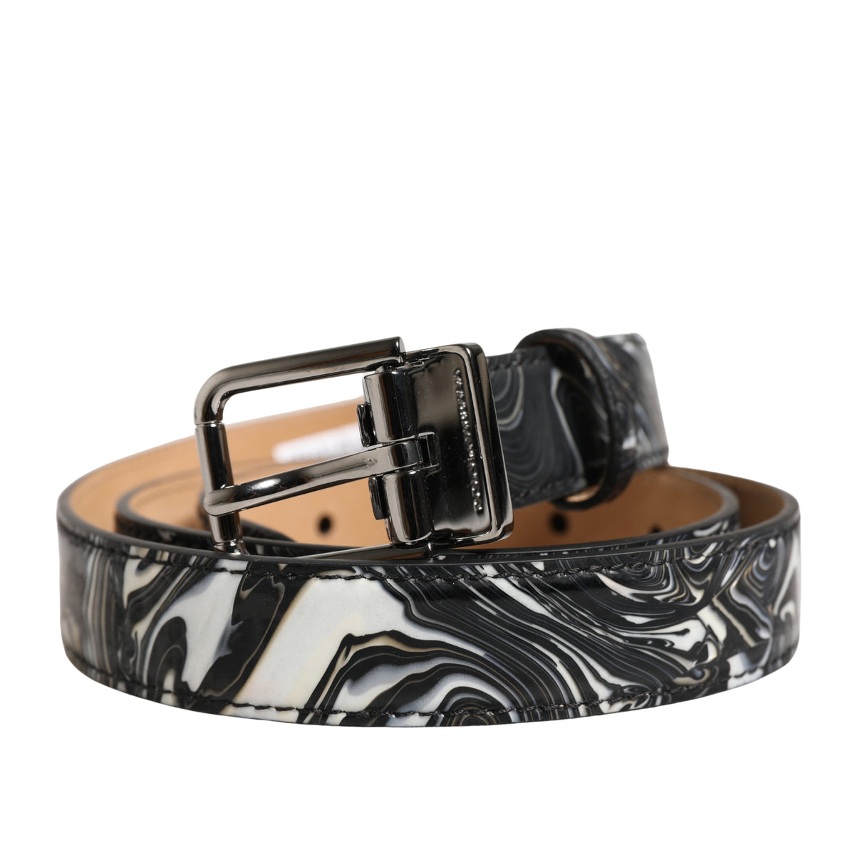 Dolce & Gabbana Men Black Marble Leather Metal Buckle Belt schwarz