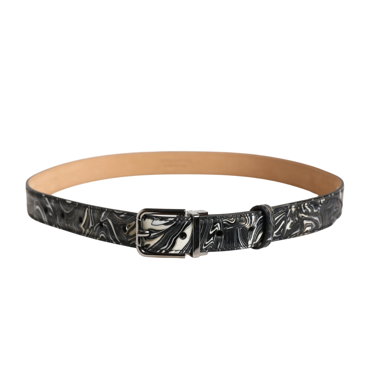 Dolce & Gabbana Men Black Marble Leather Metal Buckle Belt schwarz