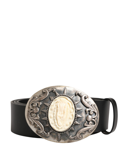 Dolce & Gabbana Black Calf Leather Ornate Metal Buckle Belt Curated Luxury Accessories by Orvyn