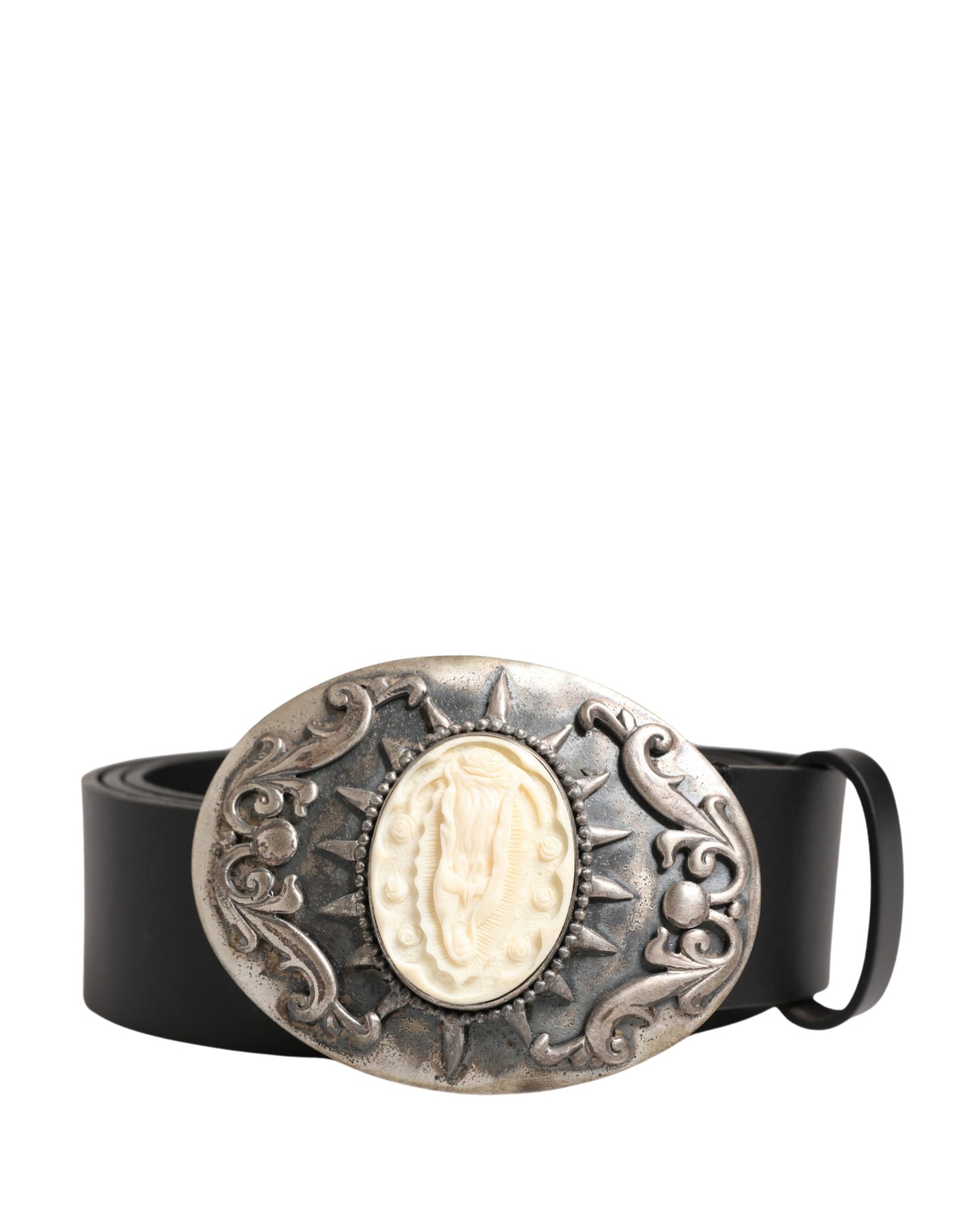 Dolce & Gabbana Black Calf Leather Ornate Metal Buckle Belt Curated Luxury Accessories by Orvyn