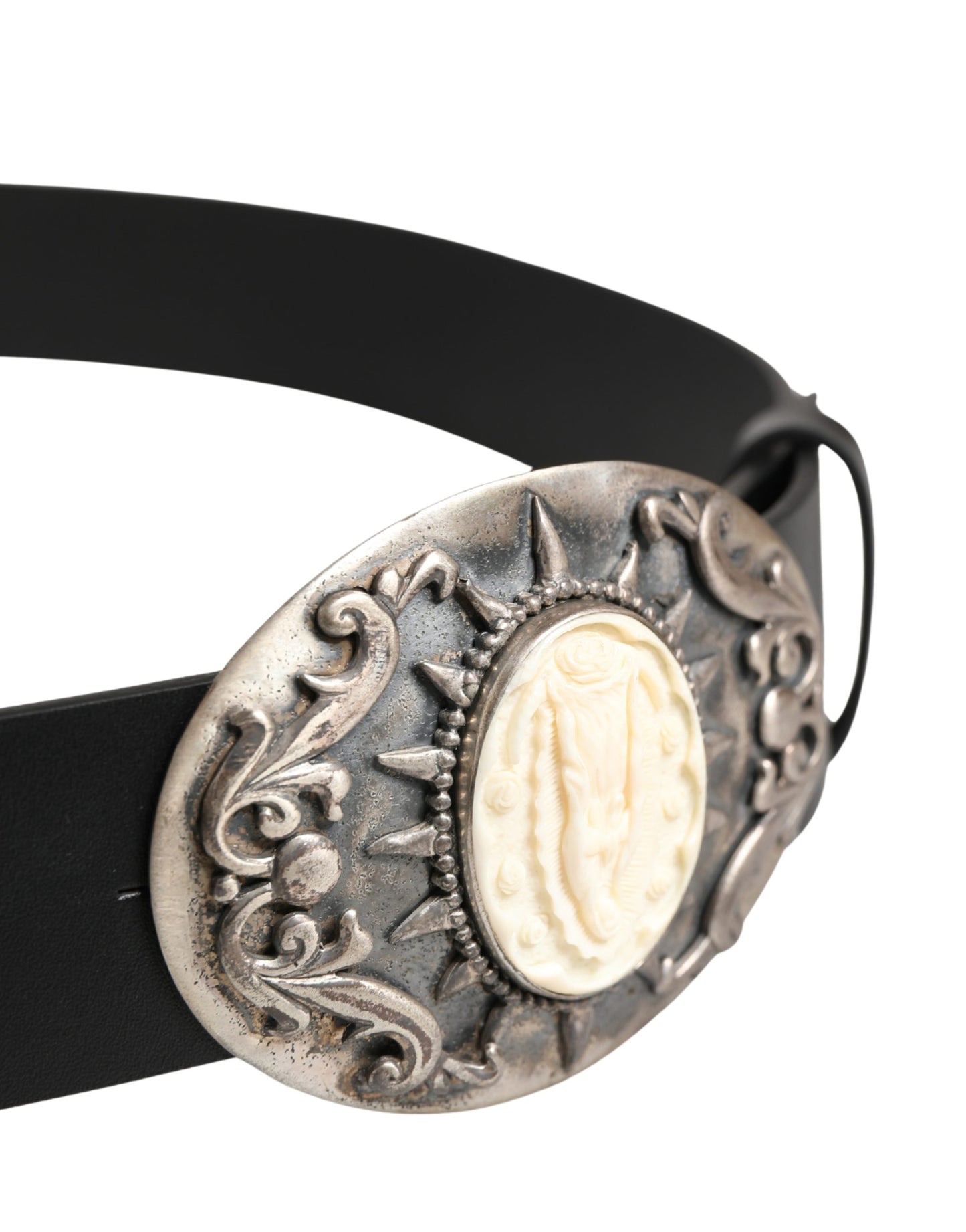 Dolce & Gabbana Black Calf Leather Ornate Metal Buckle Belt Curated Luxury Accessories by Orvyn