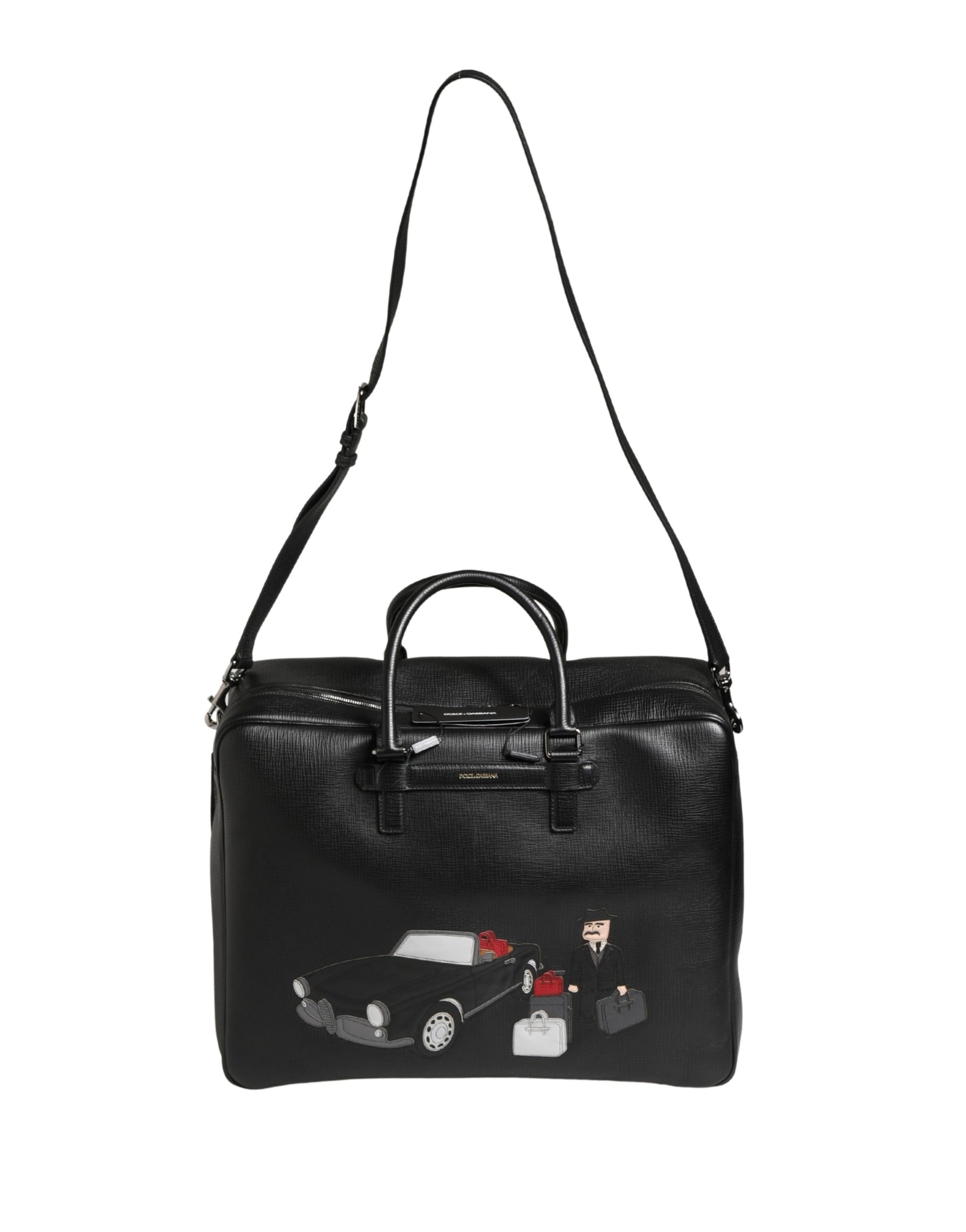 Dolce & Gabbana Black Car Man Applique Leather Weekender Borse Bag Curated Luxury Accessories by Orvyn
