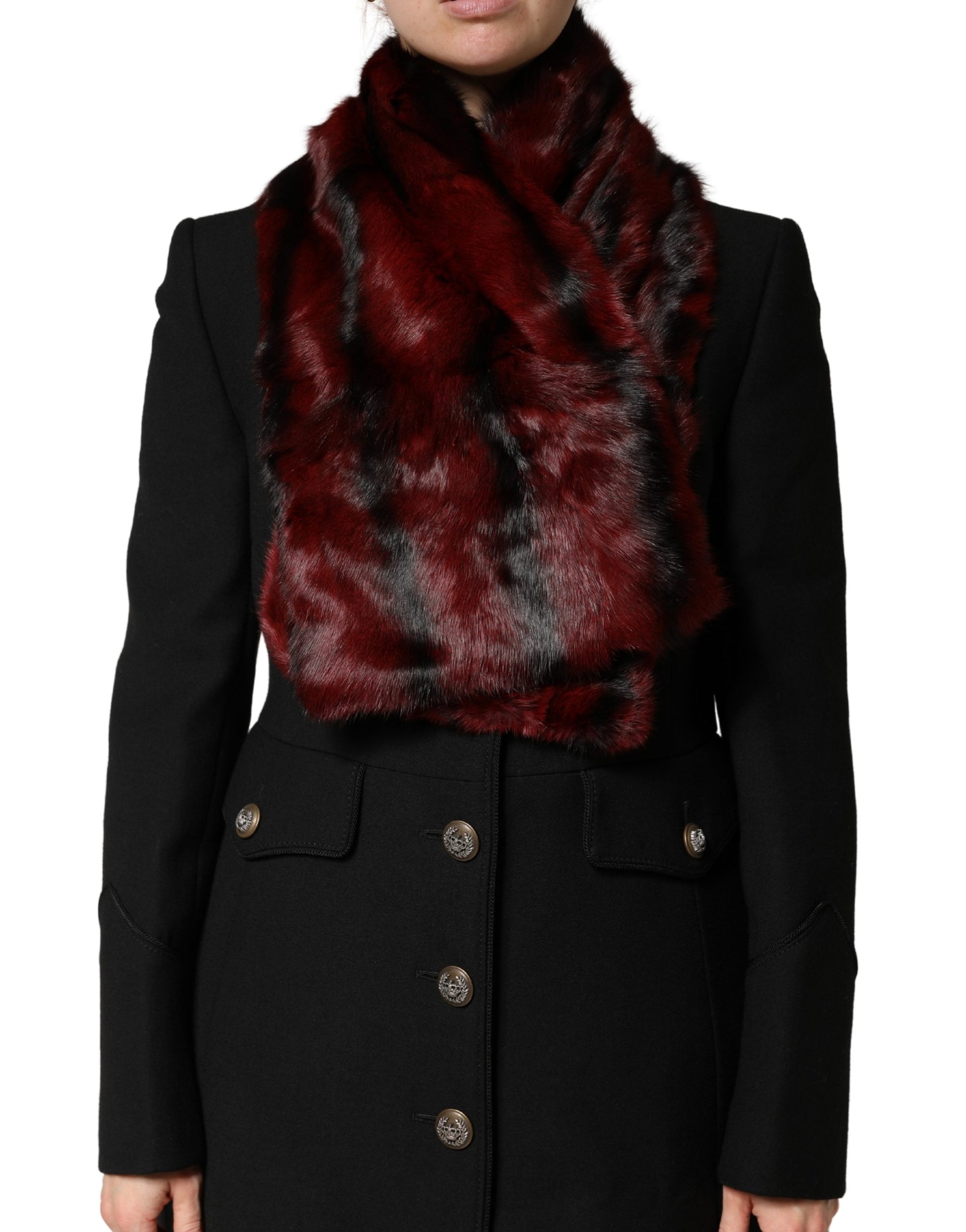 Dolce & Gabbana Black Red Stripe Fur Shawl Neck Wrap Scarf Curated Luxury Accessories by Orvyn