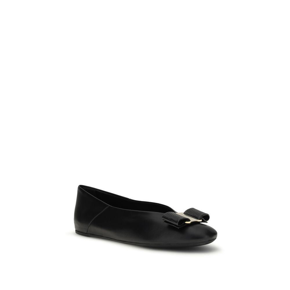 Ferragamo Black Calf Leather Bos Taurus Ballet Flats Curated Luxury Accessories by Orvyn