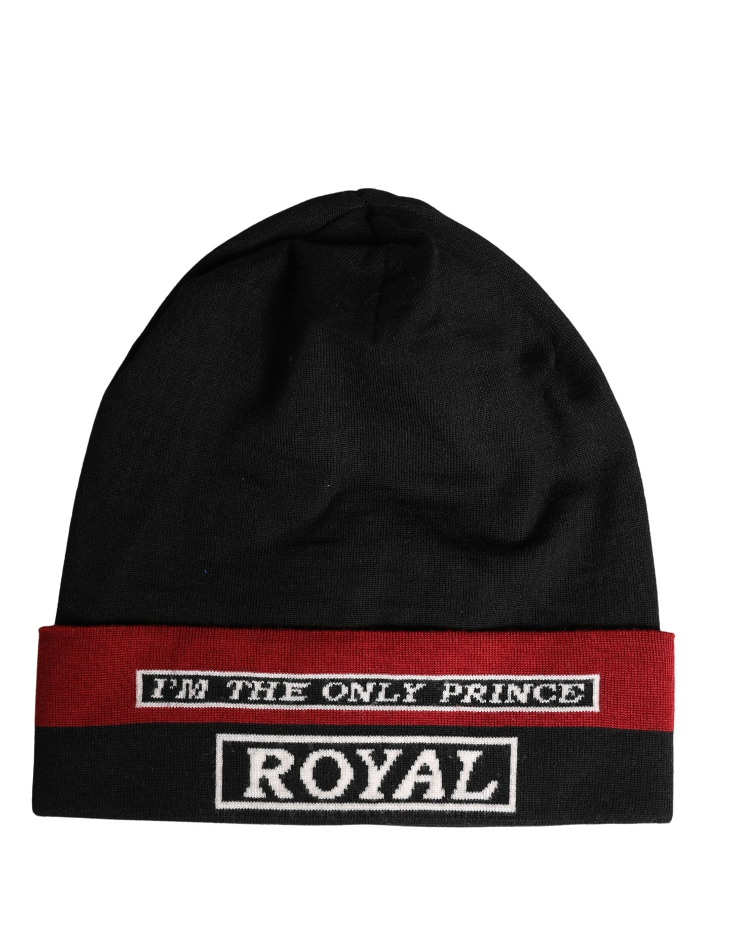 Dolce & Gabbana Black Cuffed "I'M THE ONLY PRINCE ROYAL" Beanie Hat Curated Luxury Accessories by Orvyn