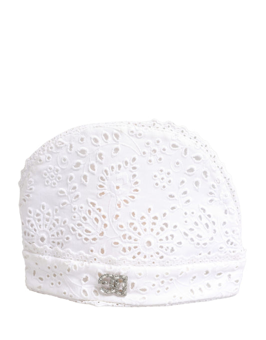 Dolce & Gabbana White Cotton Embroidered DG Crystal Headwear Hat Curated Luxury Accessories by Orvyn