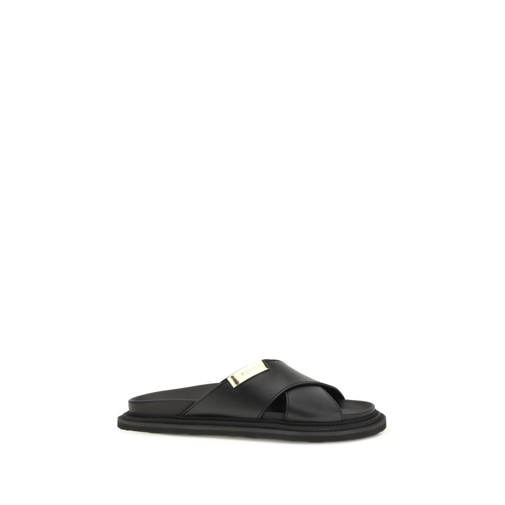 Moschino Black Calf Leather Bos Taurus Flat Sandals Curated Luxury Accessories by Orvyn