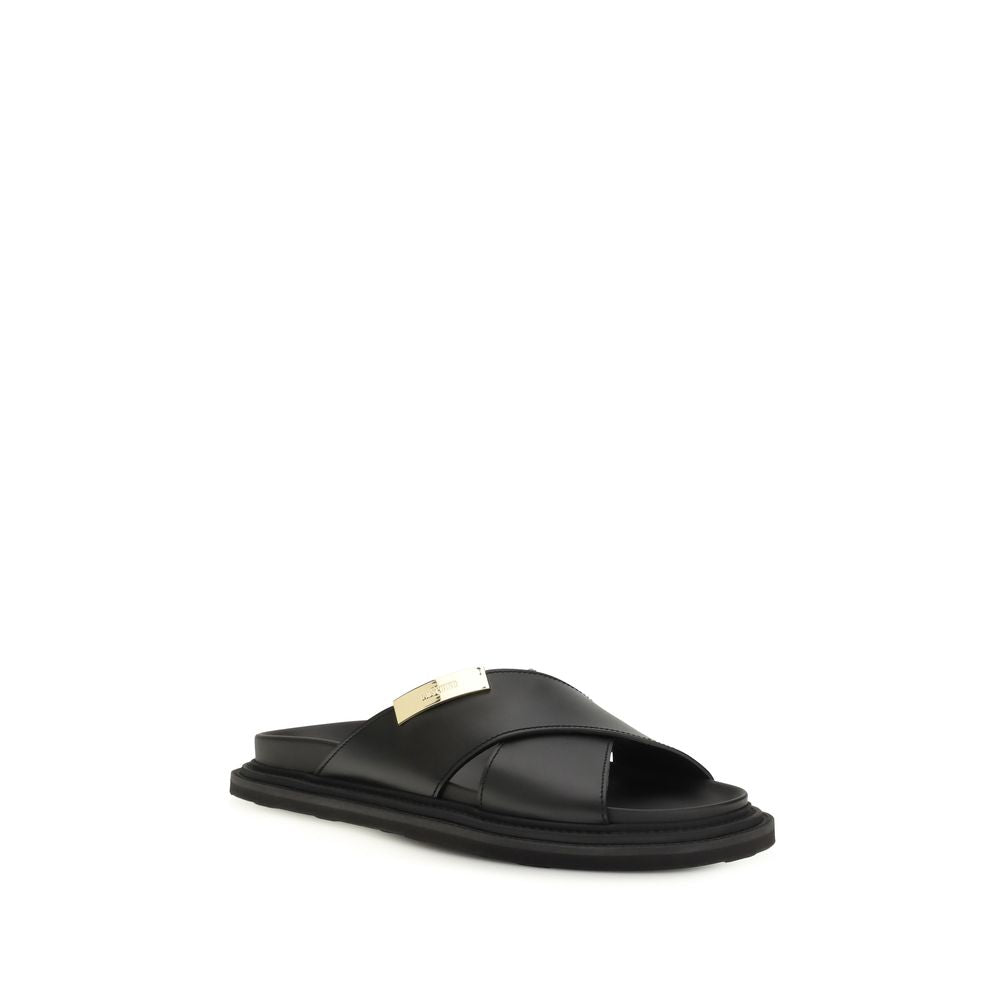 Moschino Black Calf Leather Bos Taurus Flat Sandals Curated Luxury Accessories by Orvyn