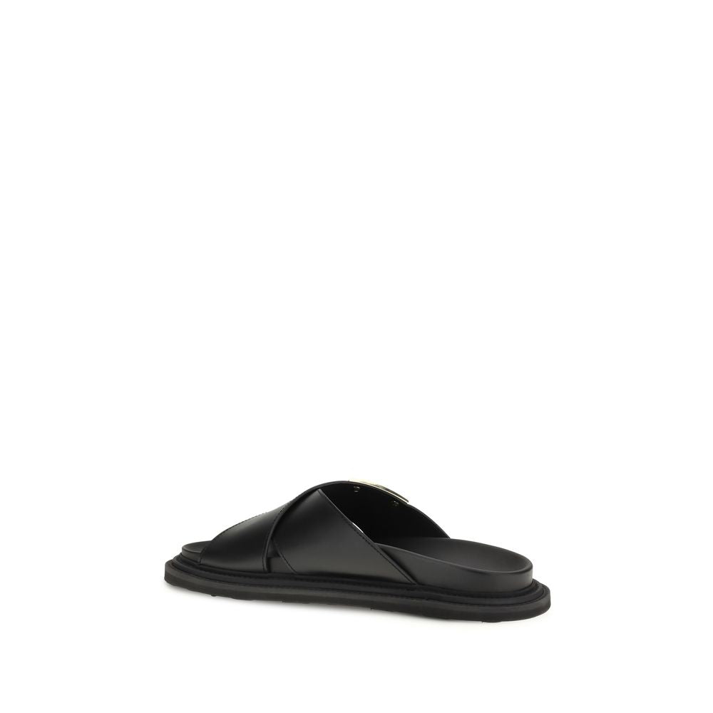 Moschino Black Calf Leather Bos Taurus Flat Sandals Curated Luxury Accessories by Orvyn