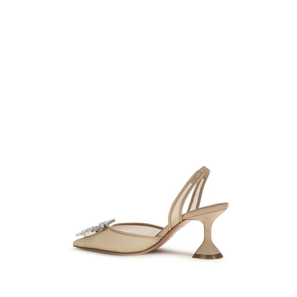 Amina Muaddi Beige Polyester Mid Heel Pumps Curated Luxury Accessories by Orvyn