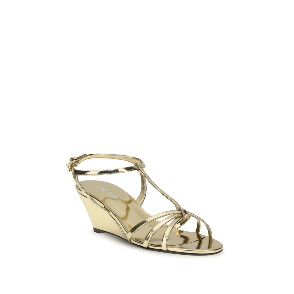 Prada Gold Calf Leather Bos Taurus Wedge Sandals Curated Luxury Accessories by Orvyn
