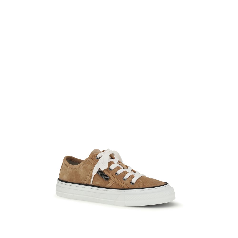 Brunello Cucinelli Beige Calf Leather Bos Taurus Low Top Sneakers Curated Luxury Accessories by Orvyn