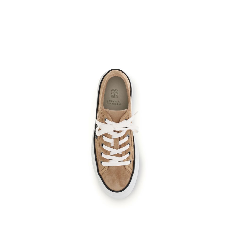 Brunello Cucinelli Beige Calf Leather Bos Taurus Low Top Sneakers Curated Luxury Accessories by Orvyn