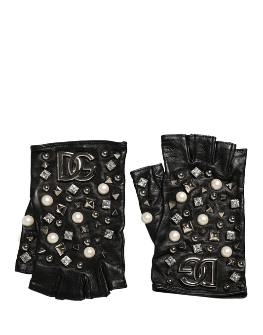 Dolce & Gabbana Black Pearl Embellished Wrist Length Gloves schwarz
