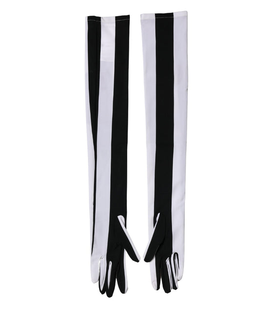 Dolce & Gabbana Black White Stripes Nylon Elbow Length Women Gloves Curated Luxury Accessories by Orvyn