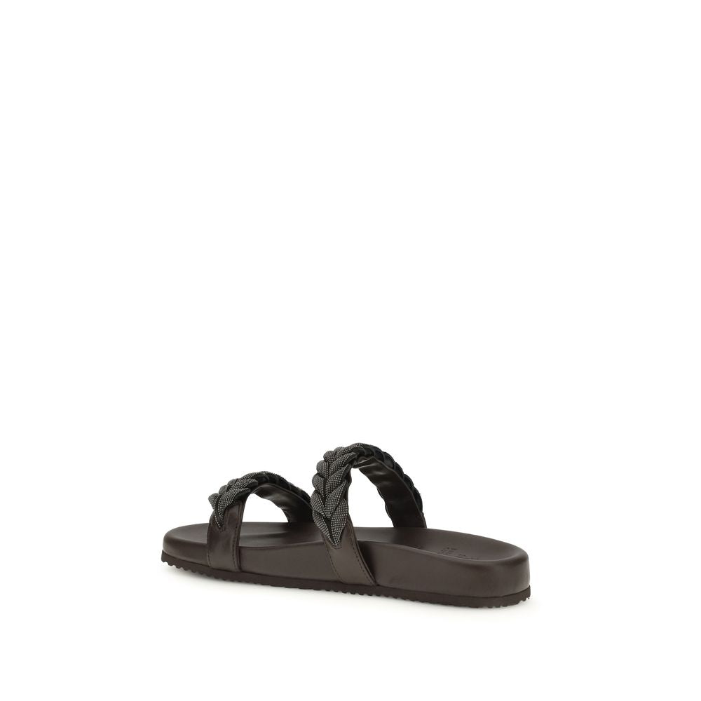 Brunello Cucinelli Brown Calf Leather Bos Taurus Flat Sandals Curated Luxury Accessories by Orvyn