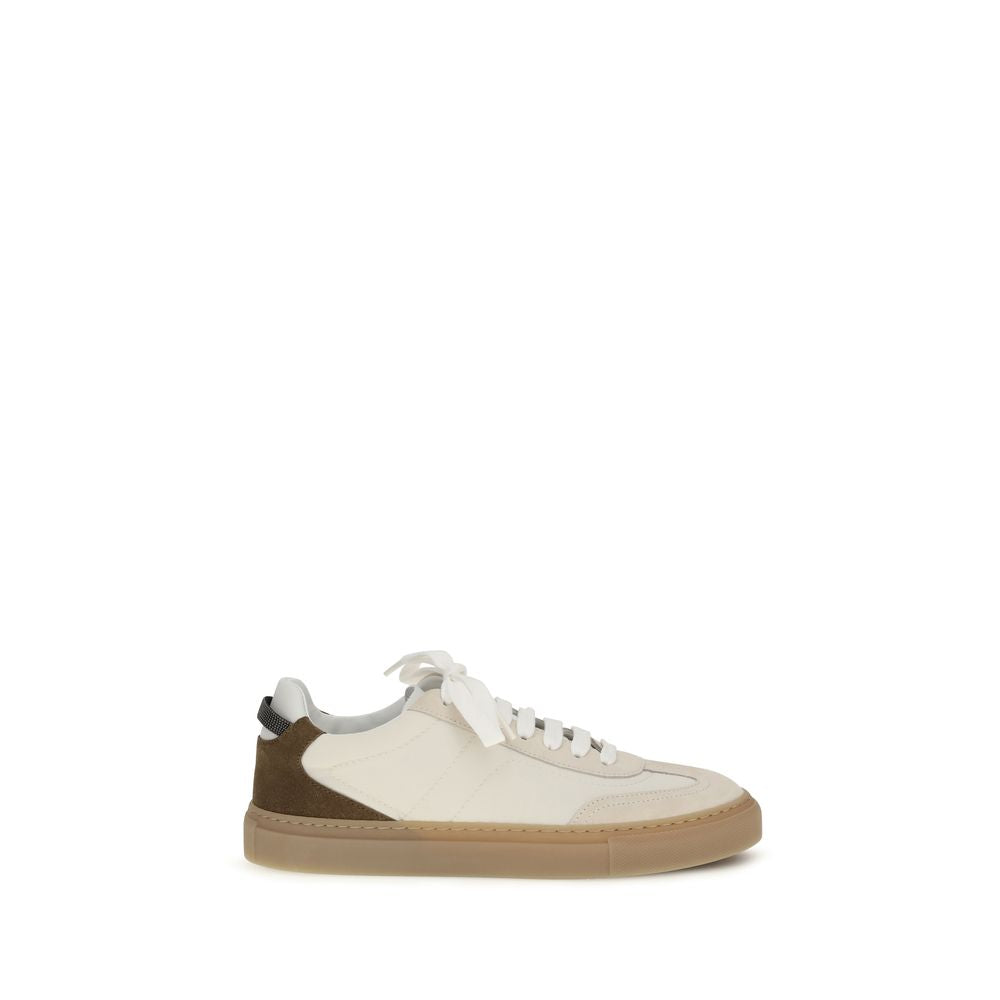 Brunello Cucinelli Beige Calf Leather Bos Taurus Low Top Sneakers Curated Luxury Accessories by Orvyn