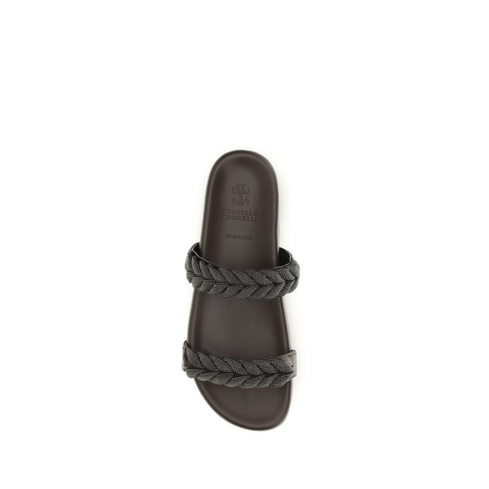 Brunello Cucinelli Brown Calf Leather Bos Taurus Flat Sandals Curated Luxury Accessories by Orvyn