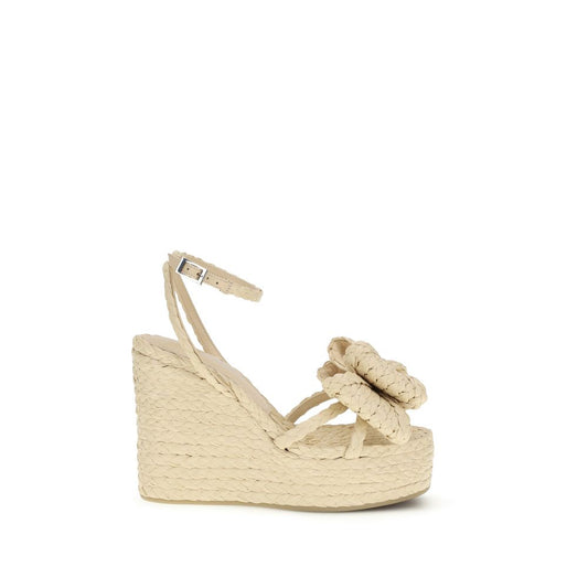 MACH & MACH Beige Raffia Wedge Sandals Curated Luxury Accessories by Orvyn