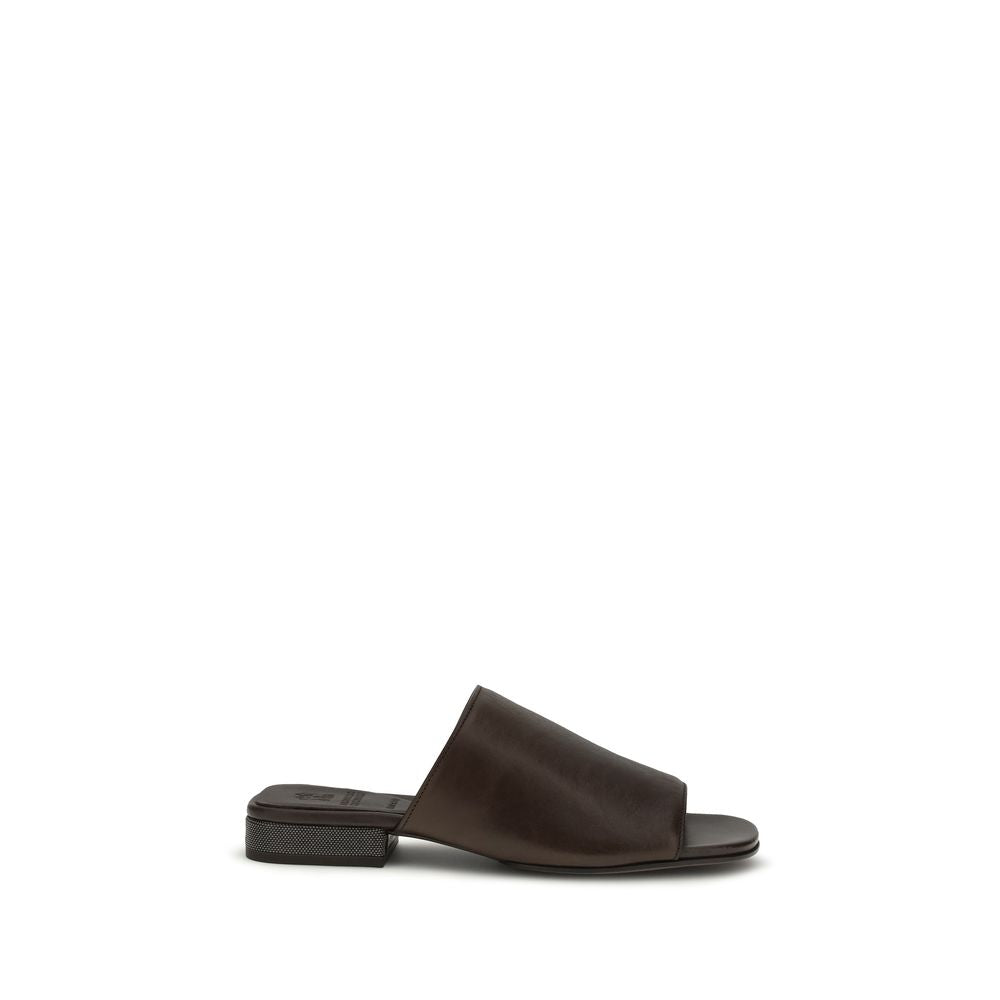 Brunello Cucinelli Brown Calf Leather Bos Taurus Slides Curated Luxury Accessories by Orvyn