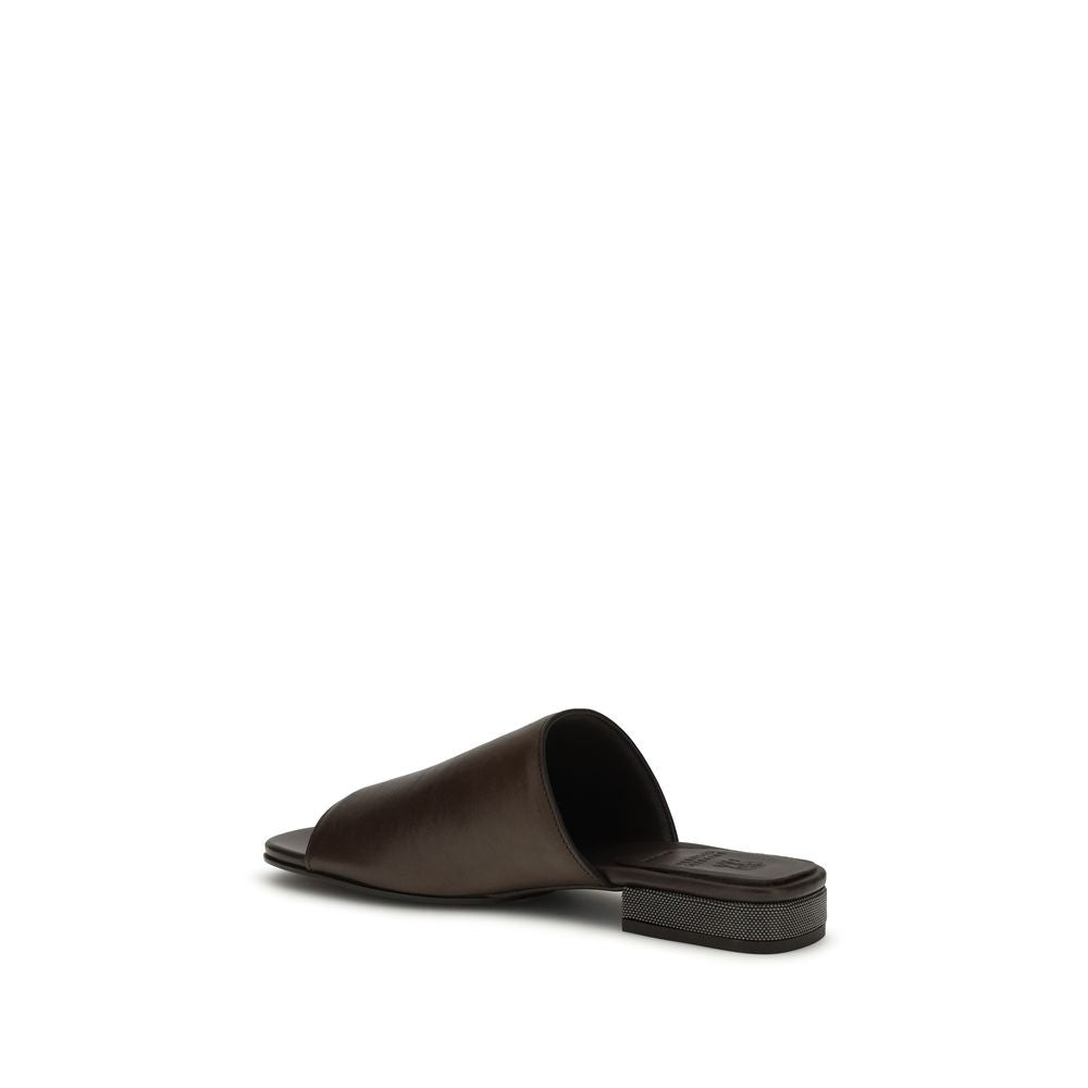 Brunello Cucinelli Brown Calf Leather Bos Taurus Slides Curated Luxury Accessories by Orvyn