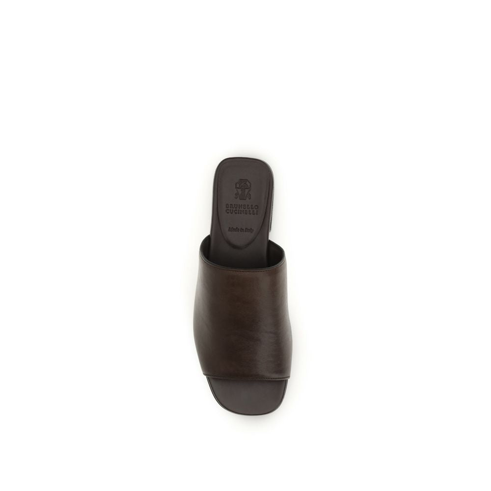Brunello Cucinelli Brown Calf Leather Bos Taurus Slides Curated Luxury Accessories by Orvyn