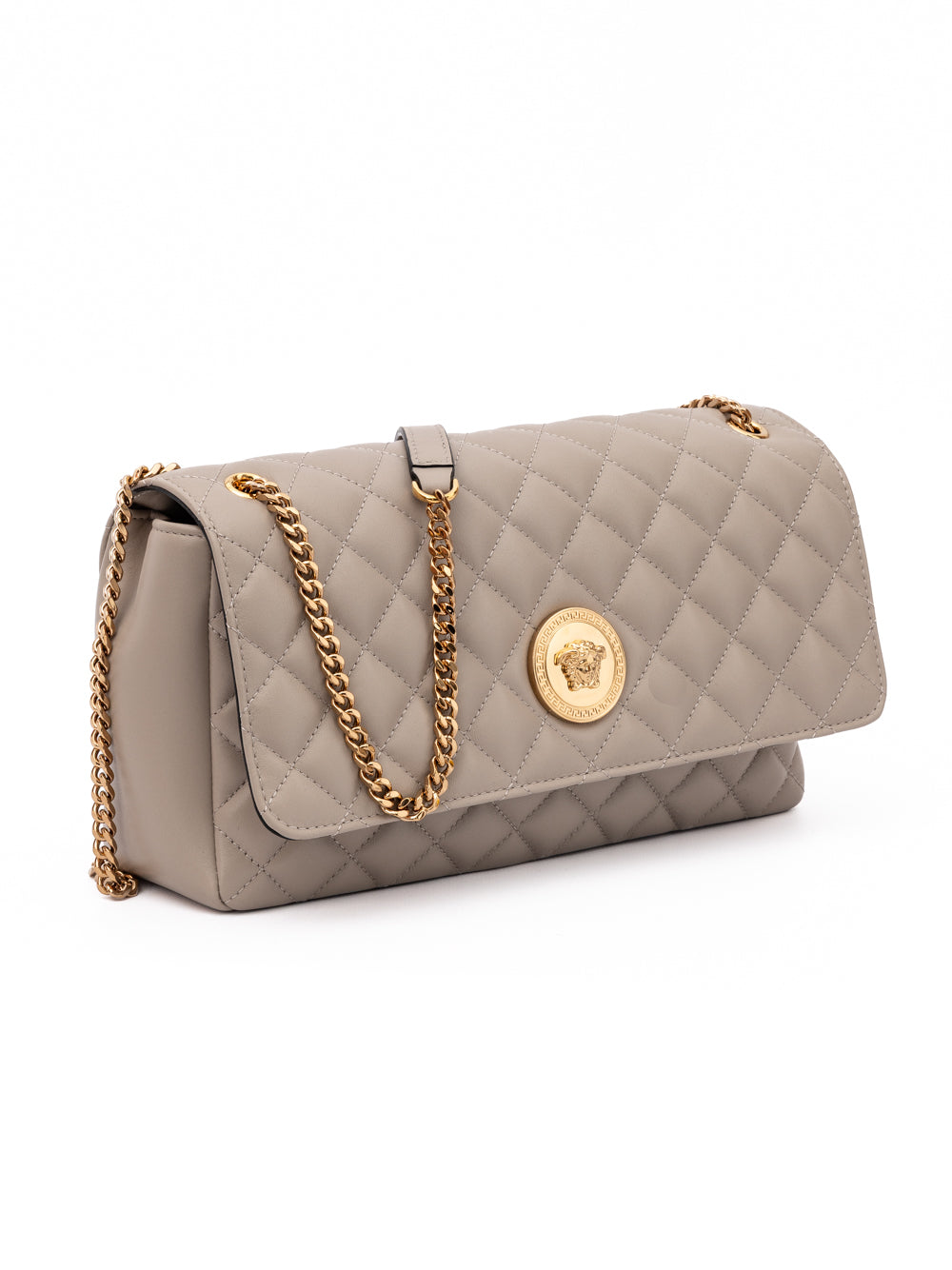 Versace Taupe Quilted Leather Shoulder Strap Bag Curated Luxury Accessories by Orvyn