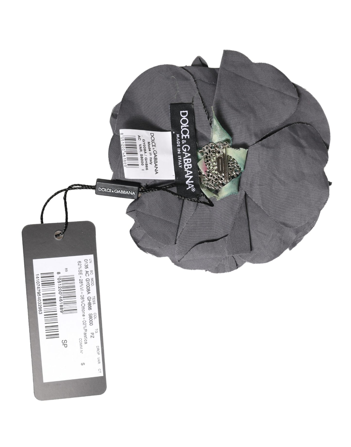 Dolce & Gabbana Gray Floral Motif Silk Blend Poplin Fabric Bar Pin Brooch Curated Luxury Accessories by Orvyn