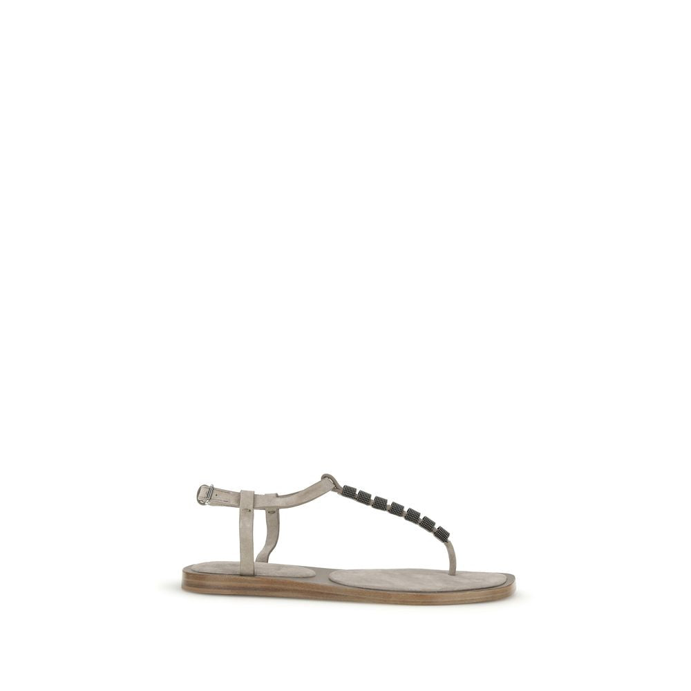 Brunello Cucinelli Beige Calf Leather Bos Taurus Strap-On Sandals Curated Luxury Accessories by Orvyn