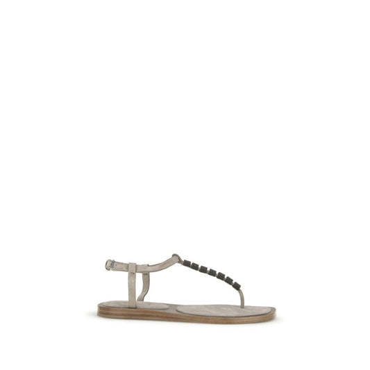 Brunello Cucinelli Beige Calf Leather Bos Taurus Strap-On Sandals Curated Luxury Accessories by Orvyn