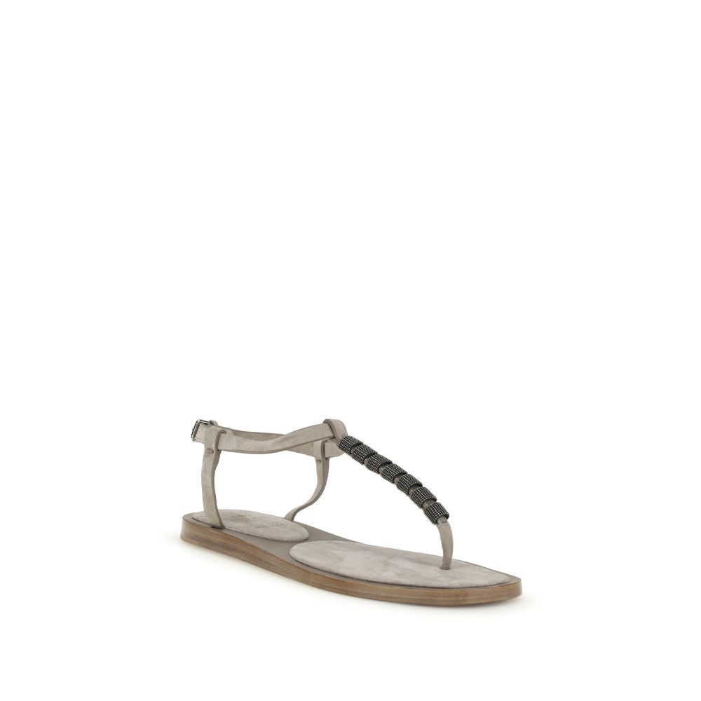 Brunello Cucinelli Beige Calf Leather Bos Taurus Strap-On Sandals Curated Luxury Accessories by Orvyn