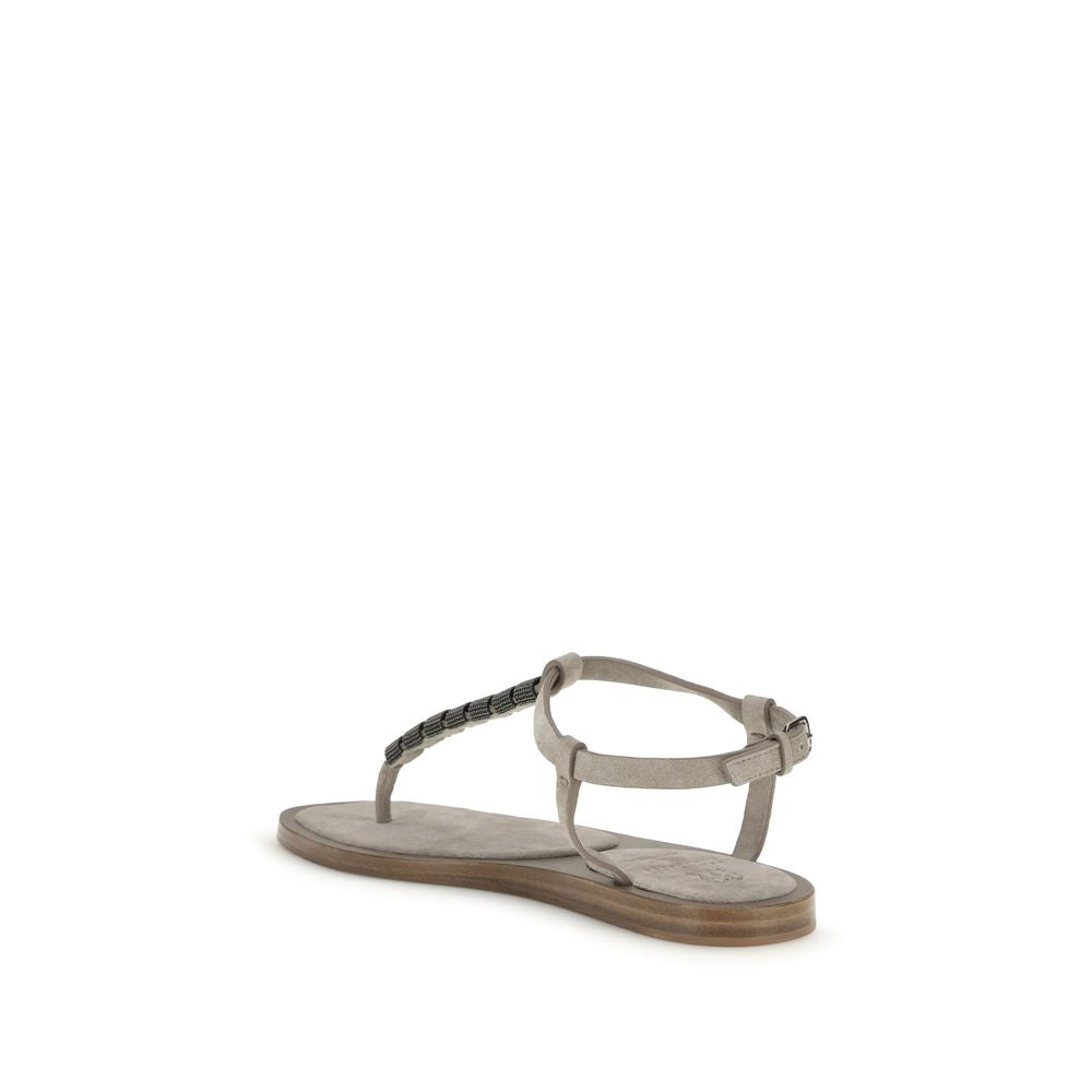 Brunello Cucinelli Beige Calf Leather Bos Taurus Strap-On Sandals Curated Luxury Accessories by Orvyn