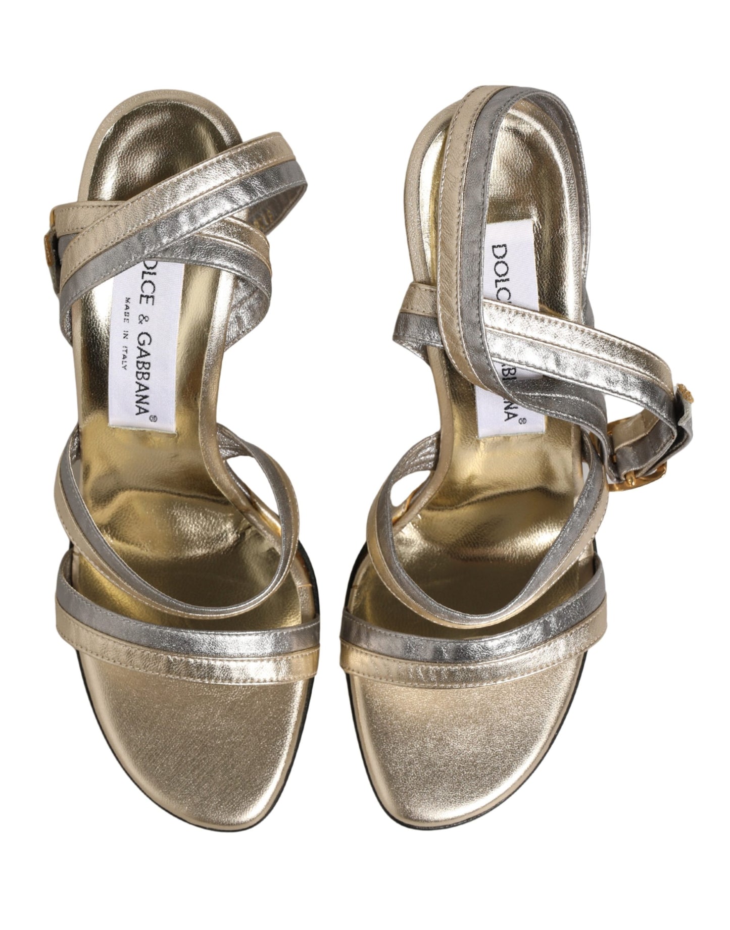 Dolce & Gabbana Gold Silver Leather Wedge Heels Sandals Shoes Curated Luxury Accessories by Orvyn